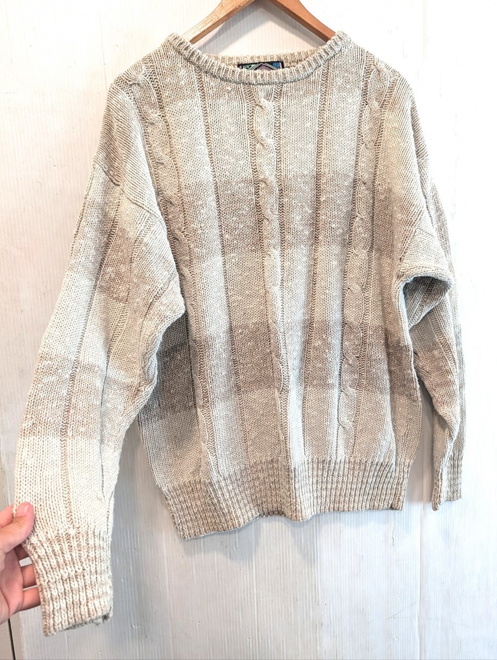 VINTAGE Neutral Striped Cable Knit Oversized Baggy Grandpa Sweater Size Large
